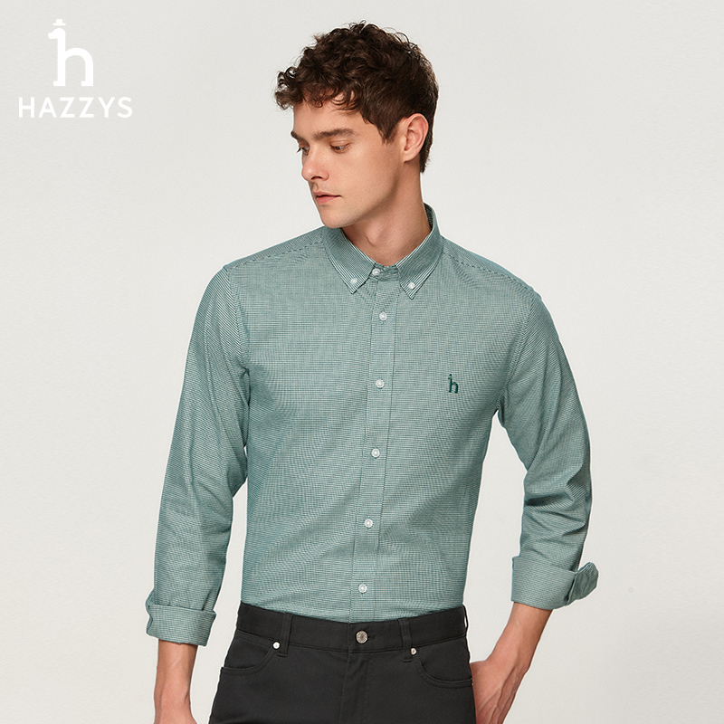 Hazzys哈吉斯男士秋季百搭时尚细格纹衬衫休闲经典长袖定位领衬衣