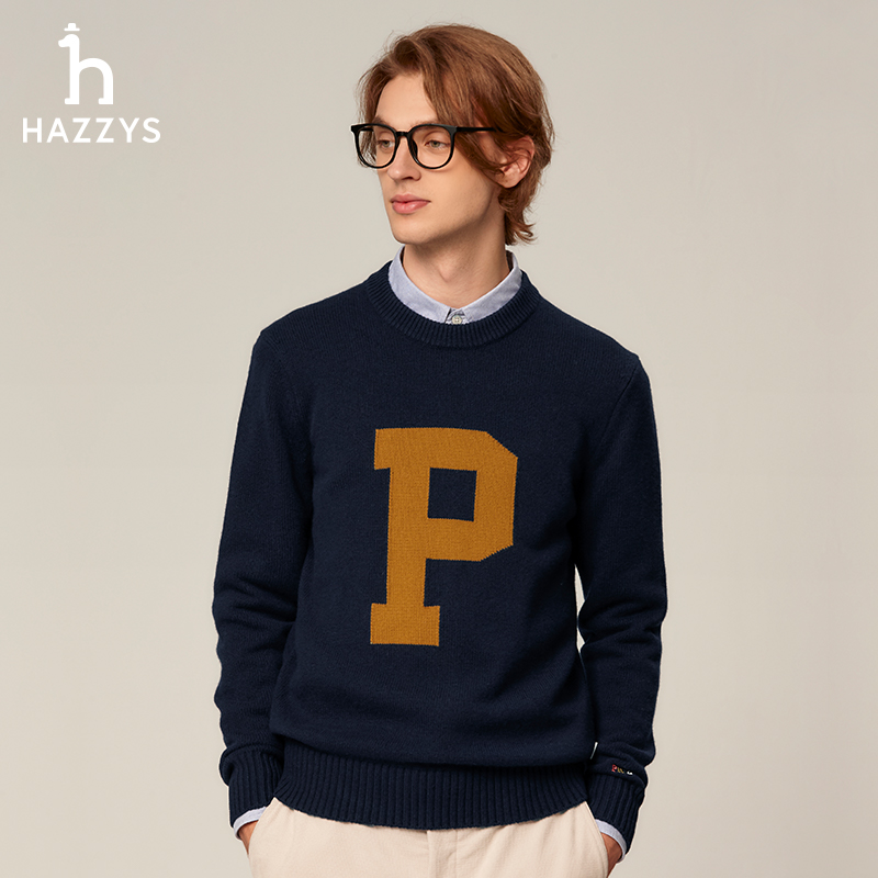 【PHIZ系列】Hazzys哈吉斯秋冬男士毛衣时尚羊毛衫圆领舒适针织衫男
