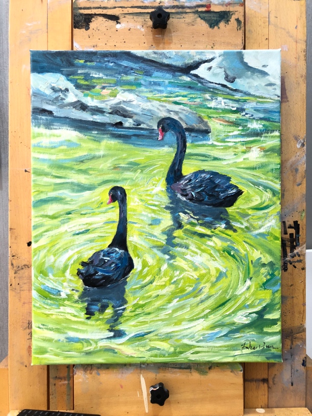 黑天鹅油画创作尺寸40×50㎝