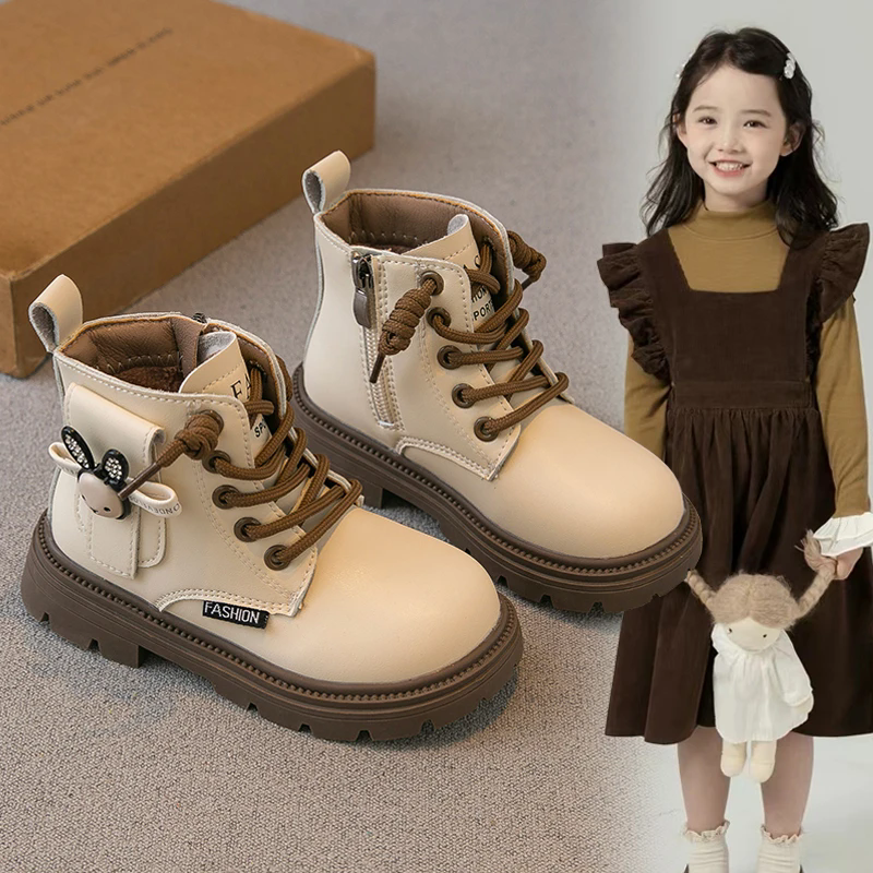 ABC女童靴子2024秋冬新款儿童短靴小女孩公主鞋二棉加绒棉靴皮靴