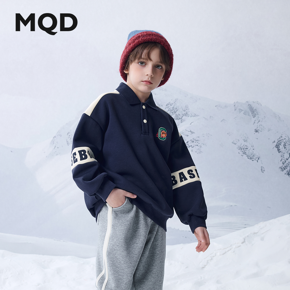 MQD童装24冬季新品男大童学院风撞色休闲翻领卫衣9644W0661