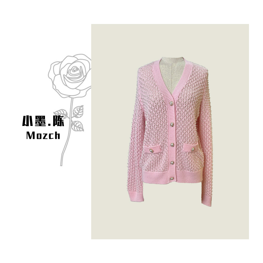 【小黑家】 高端羊羊钉珠镂空轻奢小香风时尚毛针织开衫A22