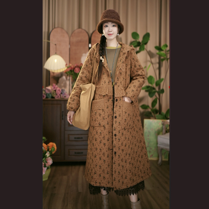 冬季棉衣2025新款女装中长款加厚文艺休闲保暖连帽棉服外套