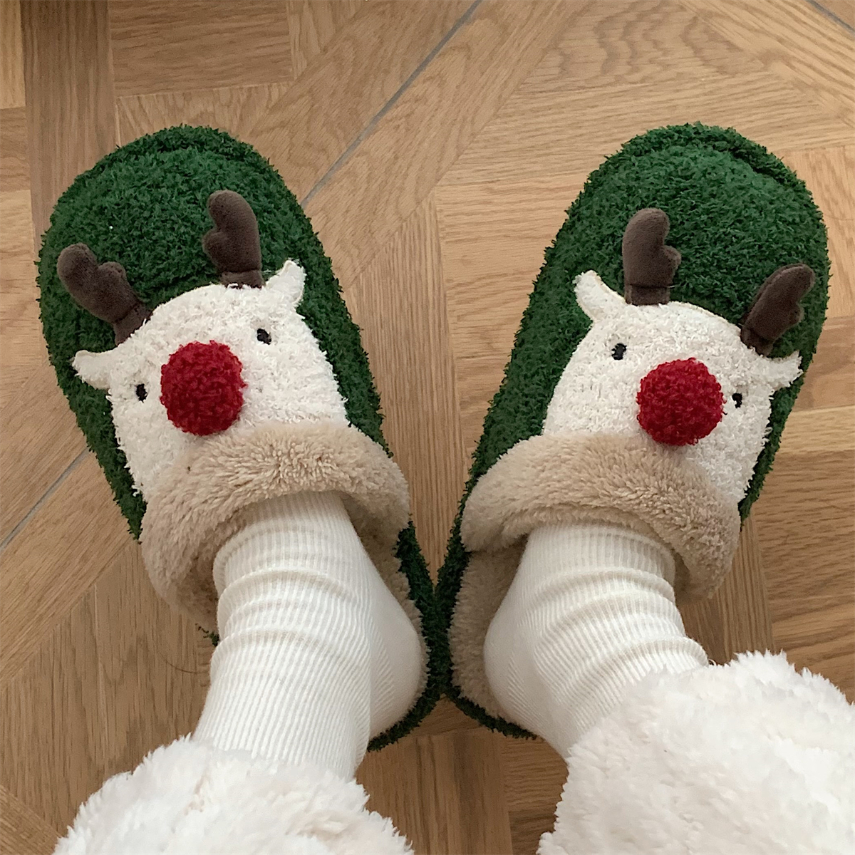 韩版时尚可爱圣诞麋鹿棉拖鞋情侣冬季室内加绒保暖毛绒绒棉鞋ins
