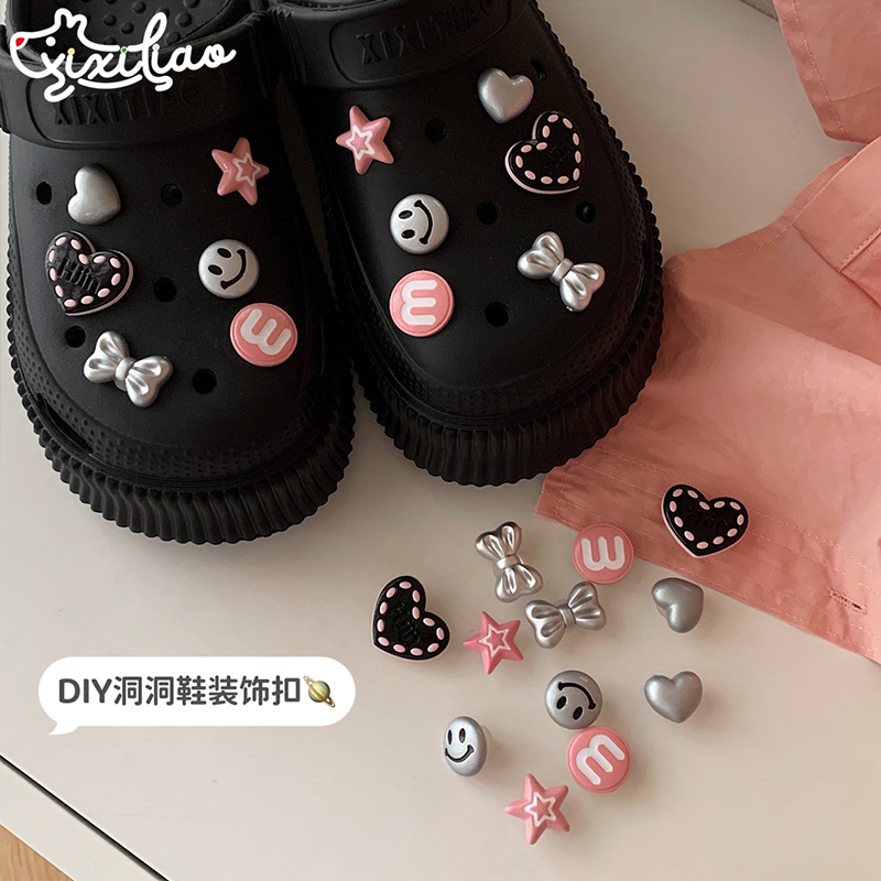 爱心笑脸少女心新款可拆卸diy鞋子鞋扣卡扣创意蝴蝶结洞洞鞋花扣