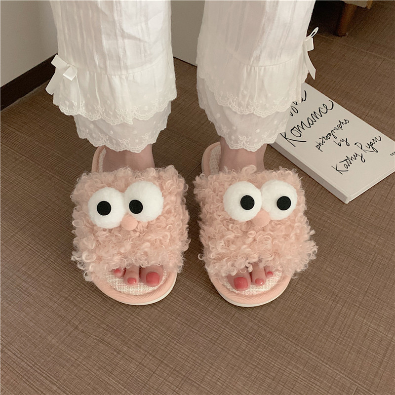 冬季女士时尚可爱大眼睛居家毛毛拖鞋女软底防滑卡通保暖棉拖鞋