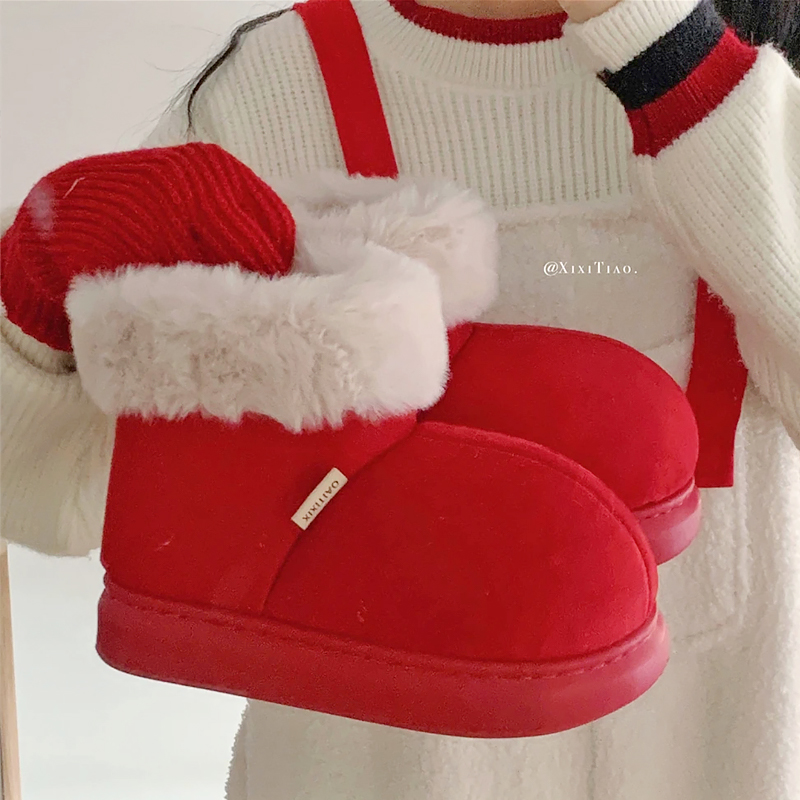 新款加绒加厚外穿棉靴保暖雪地靴休闲居家用防滑软底室外短筒靴女