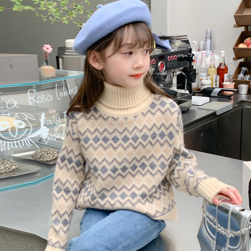 女童毛衣秋冬款新款高领洋气中大童加绒加厚冬季针织打底衫女