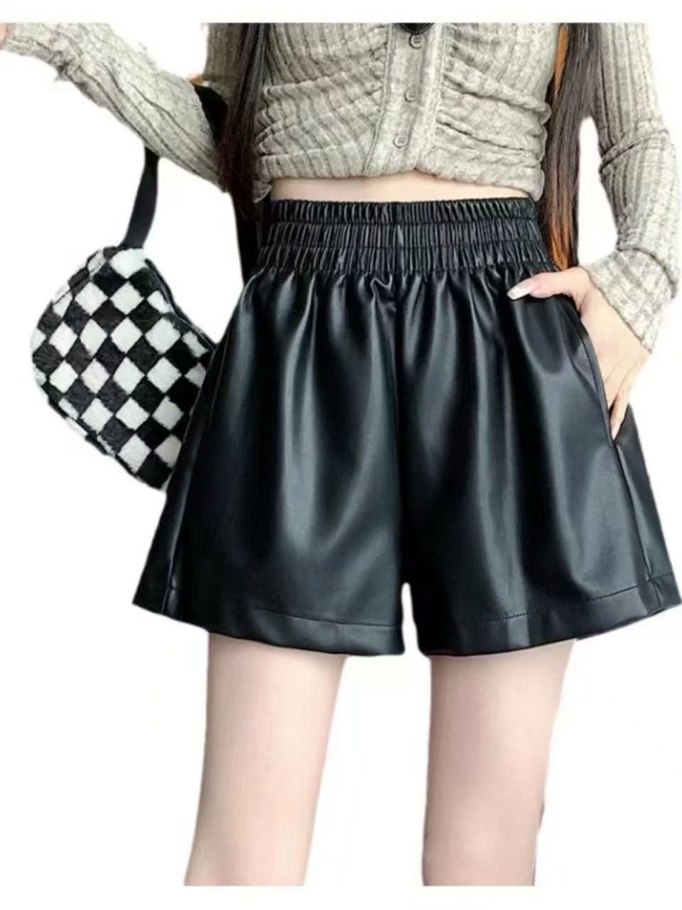 黑色小皮裤短裤女秋冬2024新款高腰显瘦a字阔腿休闲裤网红时尚ins
