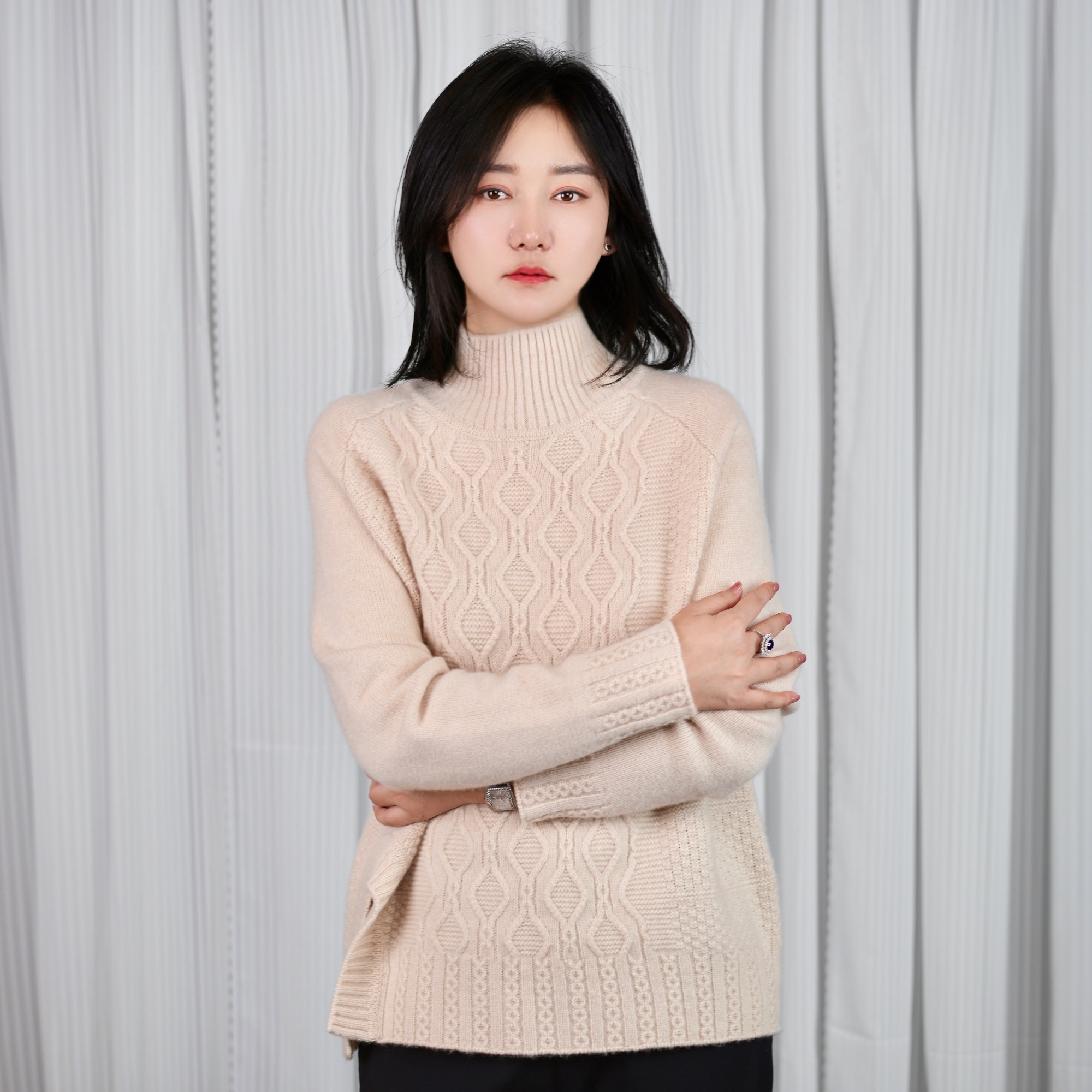 半高领插肩袖扭花山羊绒女宽松正品毛衣秋冬大码中长针织毛衫