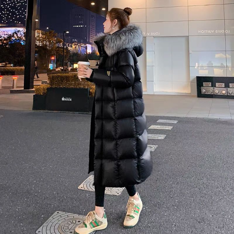 波司登黑色大毛领羽绒服女长款过膝2023冬新款韩版面包服加厚白鸭