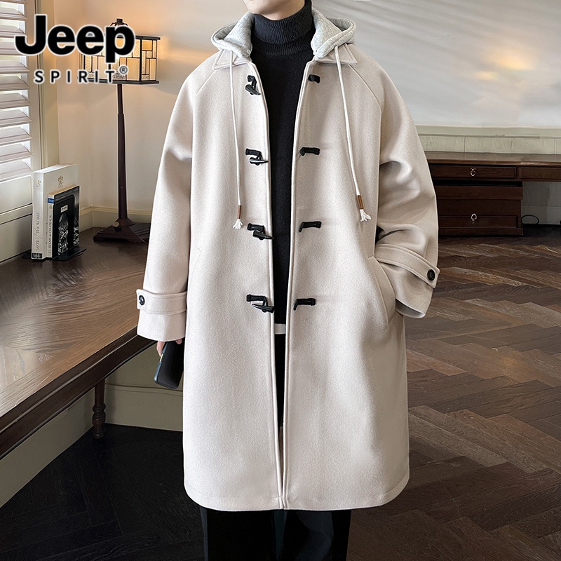 牛角扣连帽毛呢大衣男中长款春季款潮牌拼色宽松加厚呢子风衣外套