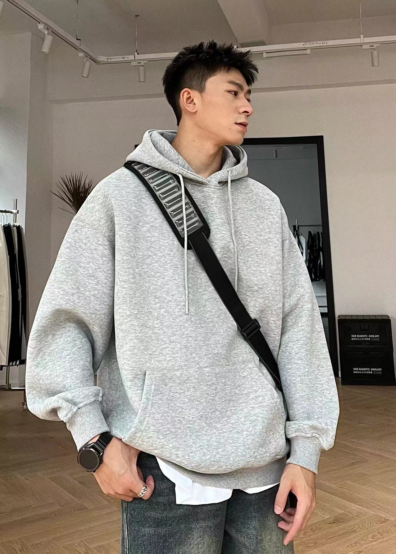 YJ玖柒秋冬新款连帽卫衣400g重磅套头衫情侣百搭休闲上衣潮LM777
