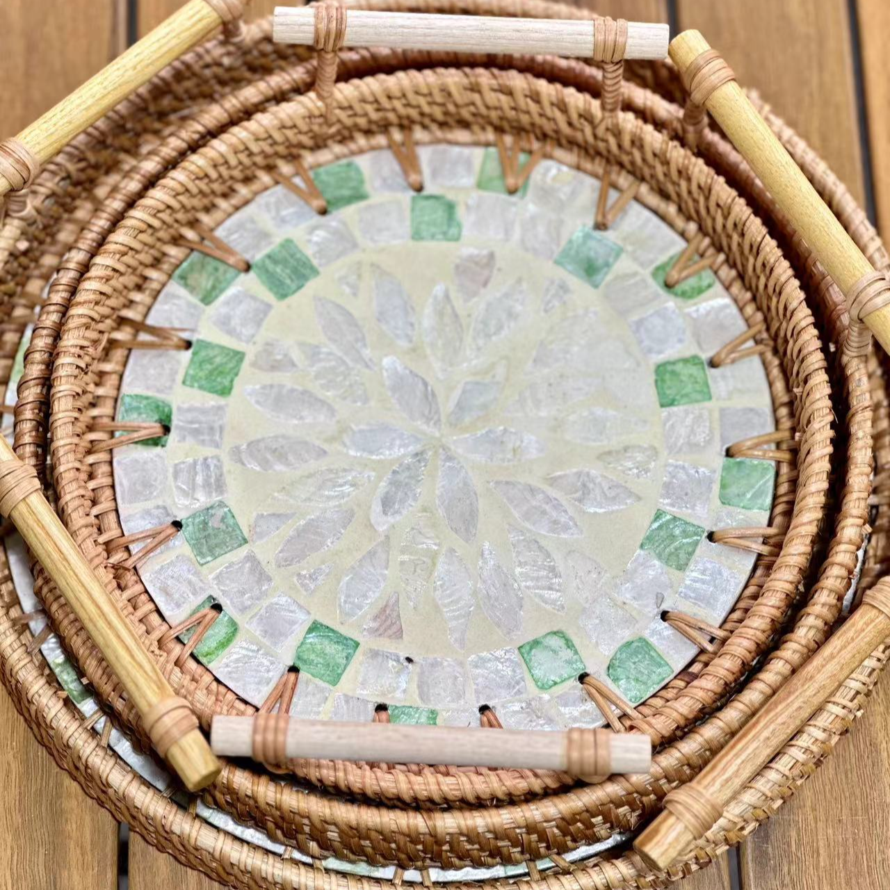 很哇塞的藤编托盘水果盘居家日用-清新绿