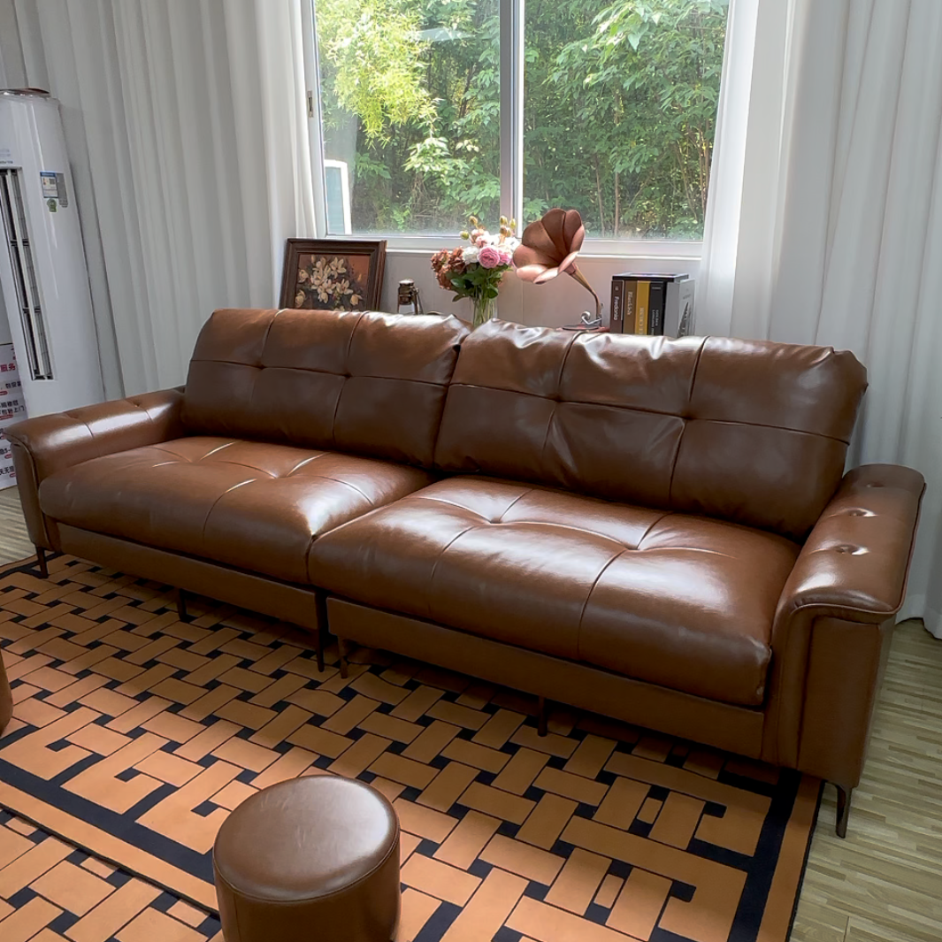 博尼思2025年新款油蜡皮头层牛皮沙发现代极简拉扣直排三人位