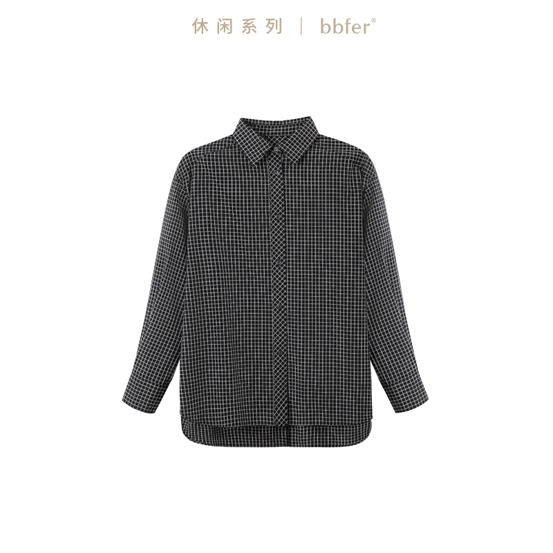 本依凡冬季女士大版衬衫SSSCY0150复古格纹衬衣前短后长下摆开衩