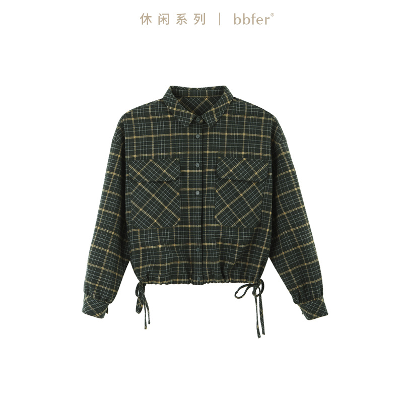 本依凡秋冬女士格纹复古衬衣SSSCY0140开襟长袖衬衫可调节下摆