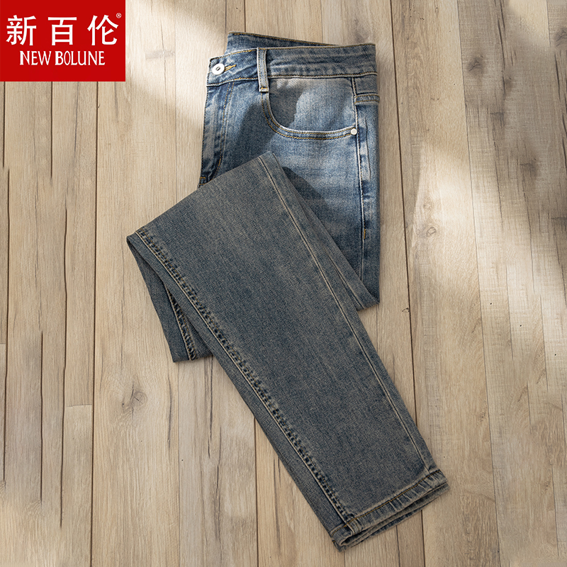 新百伦复古男款牛仔裤修身小直筒2023新款夏季百搭男士长裤子潮流