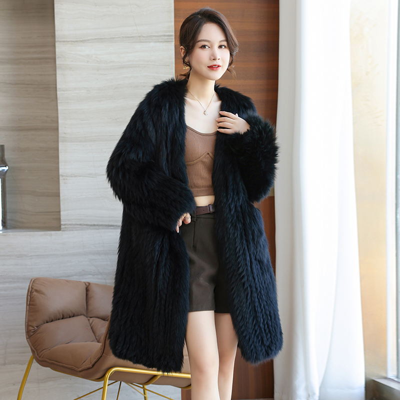 狐狸毛皮草秋冬战袍85cm长款时尚狐狸毛编织皮草外套2022010 