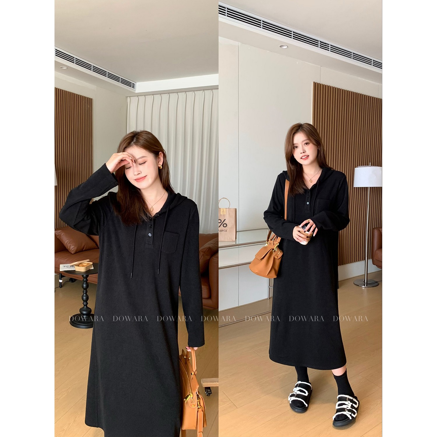 大婉酱微胖定制秋冬新款连帽针织连衣裙气质百搭外穿长裙女 5874D