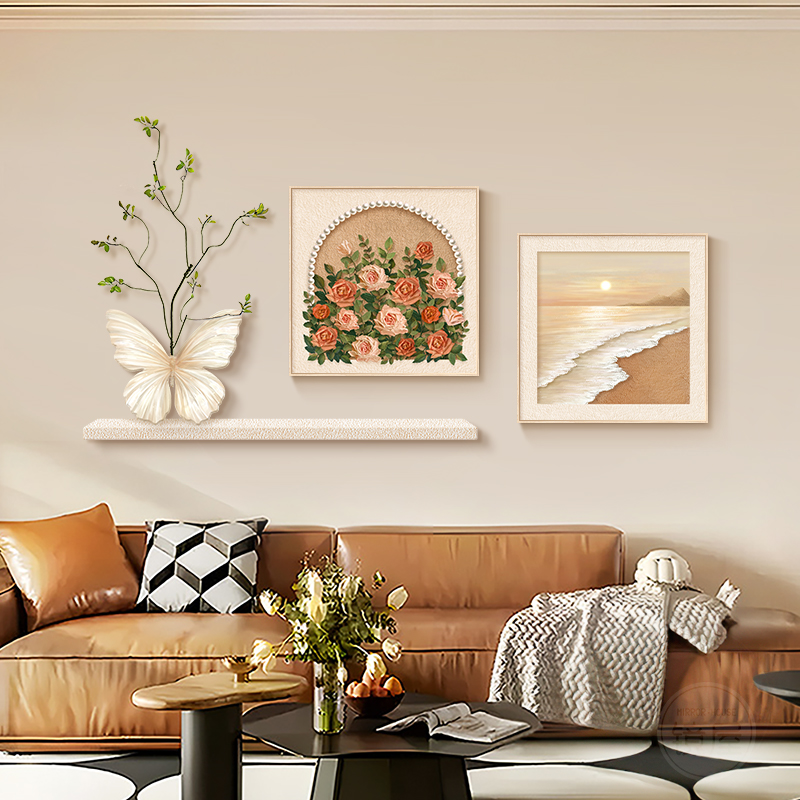 装饰画玫瑰花卉背景墙蝴蝶海浪复古电视沙发墙壁沙发背墙装饰画