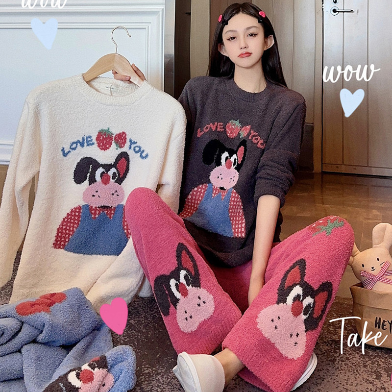 卡通草莓狗软绵绵睡衣女秋冬款半边绒加厚保暖甜美可爱家居服套装