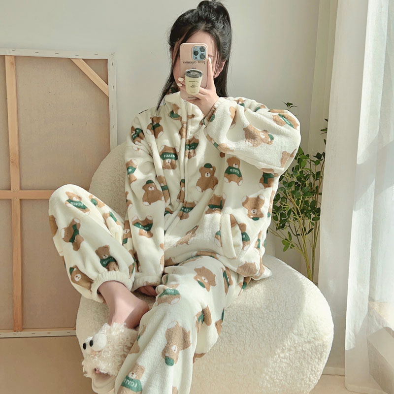 〔小熊专属〕小熊法兰绒立领拉链开衫家居服女秋冬保暖卡通可爱女