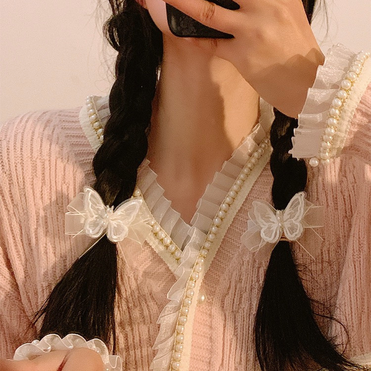 超仙白色网纱蝴蝶发夹女森系仙美蝴蝶结小号发卡侧边编发头饰甜美