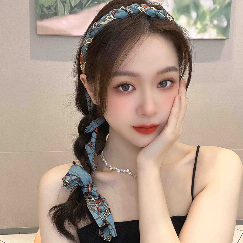 时尚好用复古链条宫廷缎面布艺发箍简约轻奢飘带绑发一体发饰
