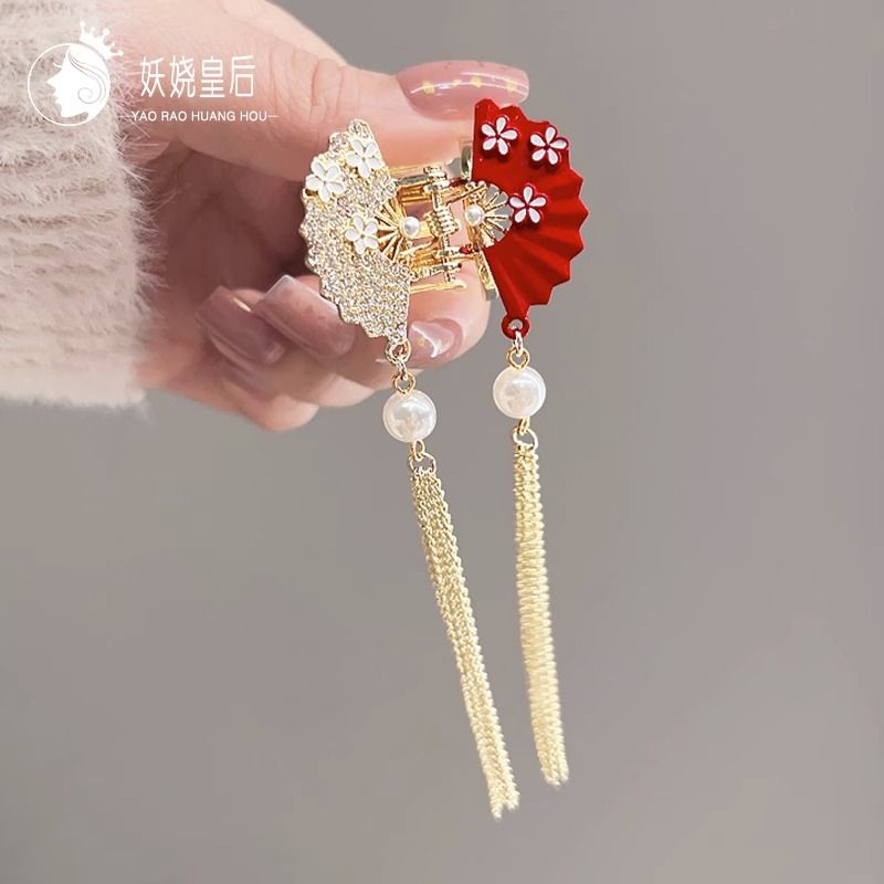 中国风汉服流苏古风抓夹新年红蝴蝶鲨鱼夹盘发发夹女扇子步摇发夹