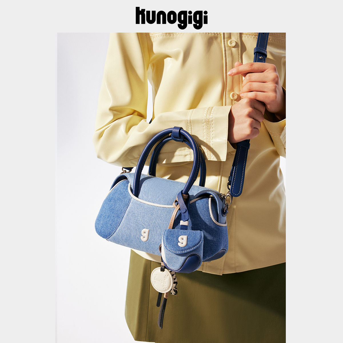 Kunogigi/古良吉吉棒球波士顿小号牛仔蓝单肩斜挎包包秋日琥珀风
