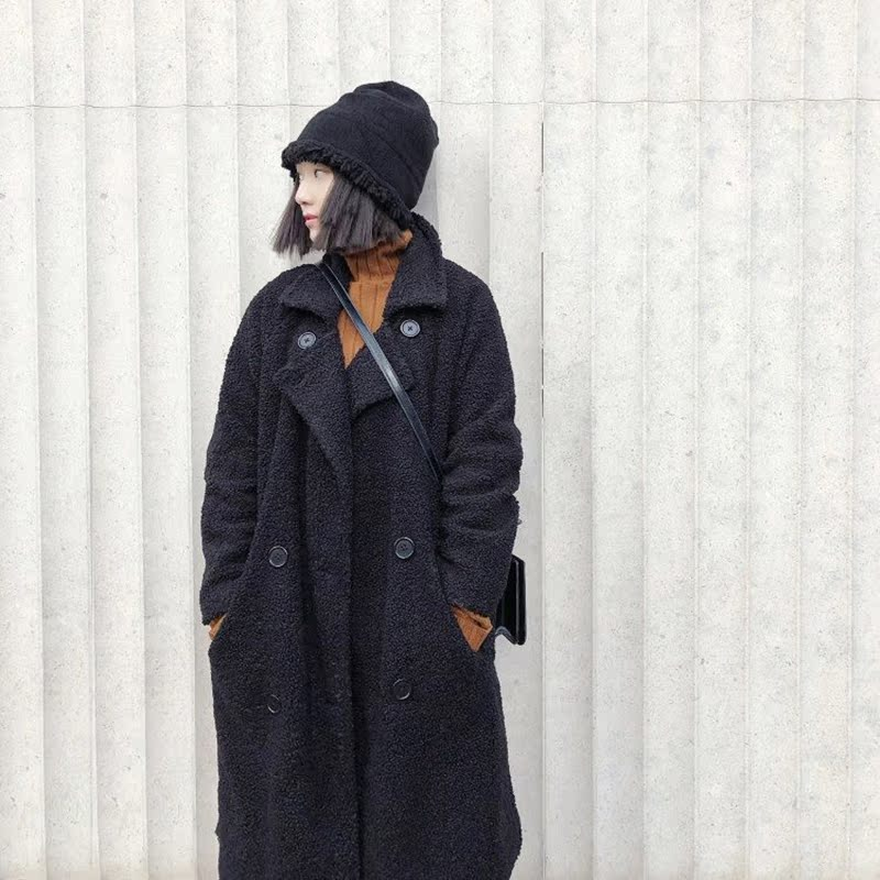 【温馨】正品仿羊羔毛外套大衣女中长款宽松休闲ins2024新款冬黑色