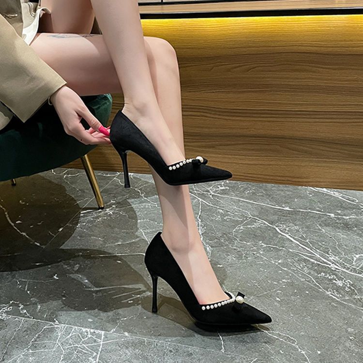 新款2023年新款仙女高跟单鞋珍珠装饰洋气黑色职业鞋百搭少女尖头