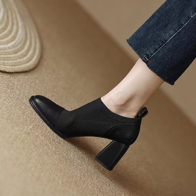 单鞋女粗跟方头复古2023年秋季新款弹力针织拼接一脚蹬深口高跟鞋