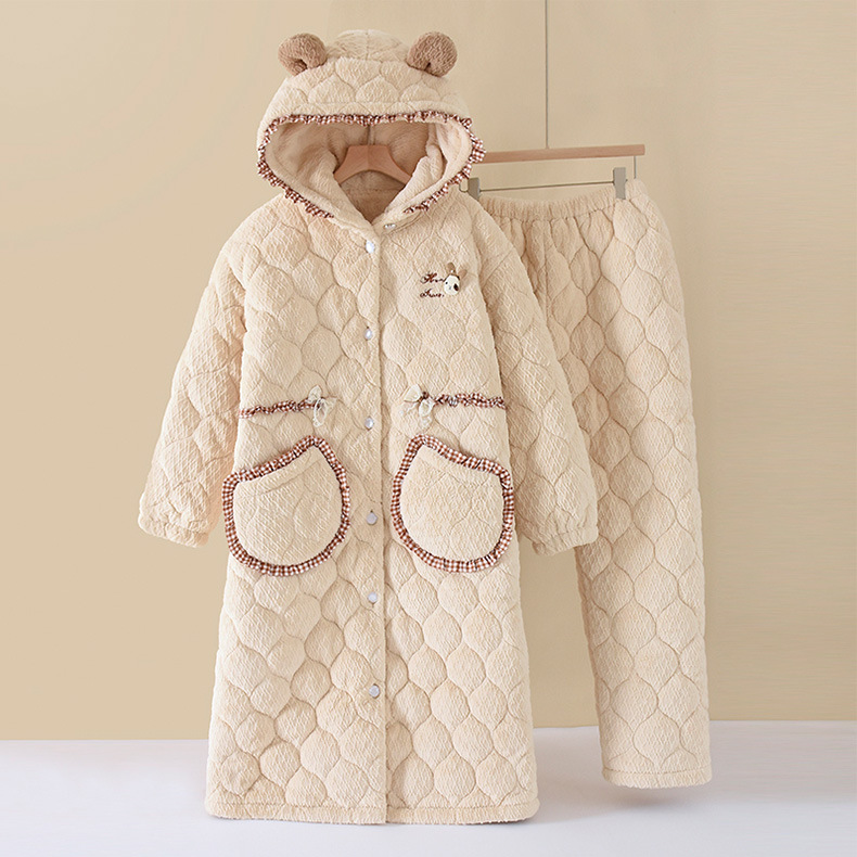 冬季加厚加绒珊瑚绒三层夹棉袄女防水保暖冬天带帽家居服睡衣套装