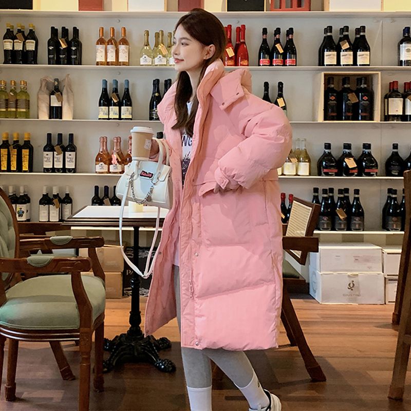 波司澄粉色中长款羽绒服女冬2023新款韩系甜美面包服连帽加厚白鸭