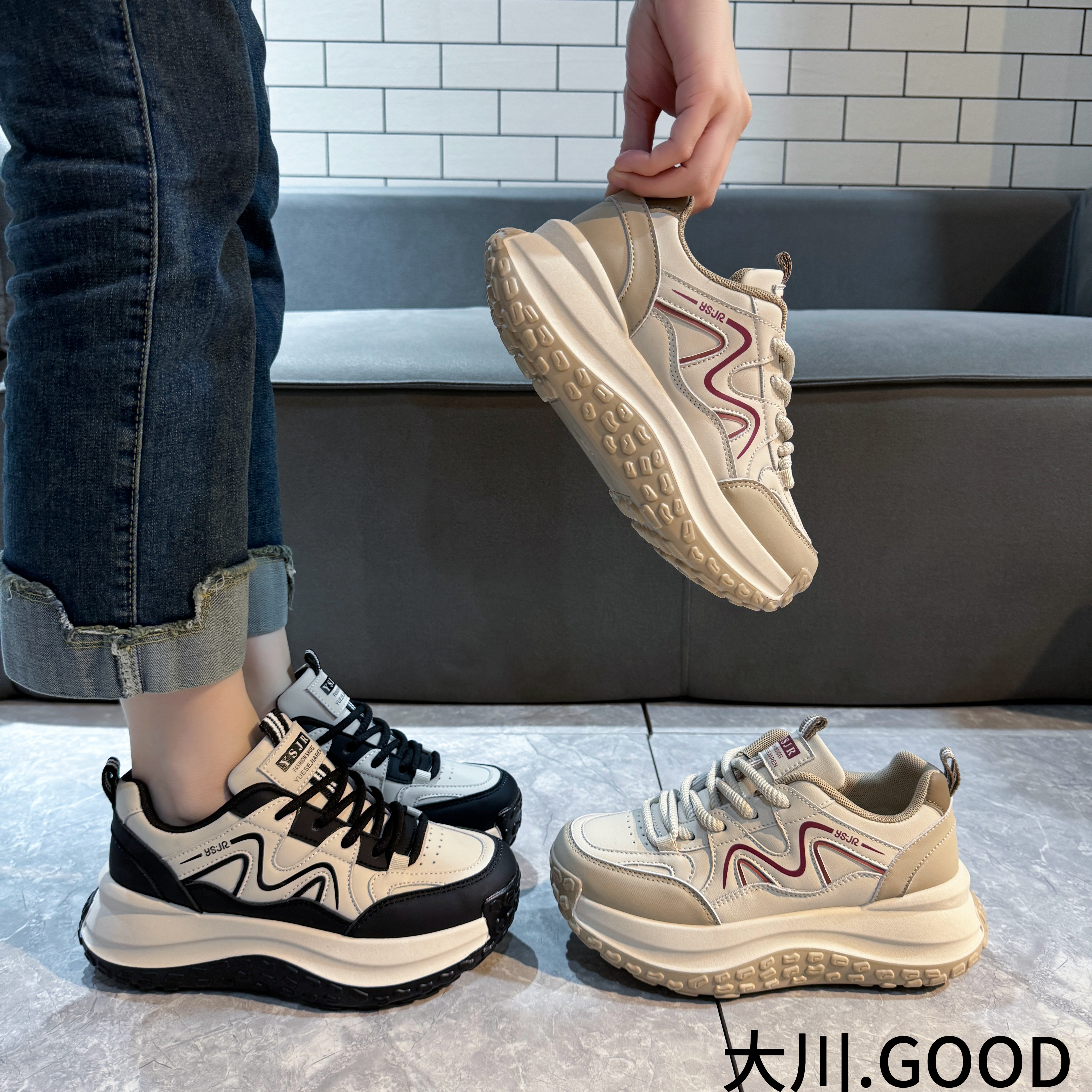 厚底老爹鞋女2024秋加棉加厚透气超火黑白拼色运动鞋8813