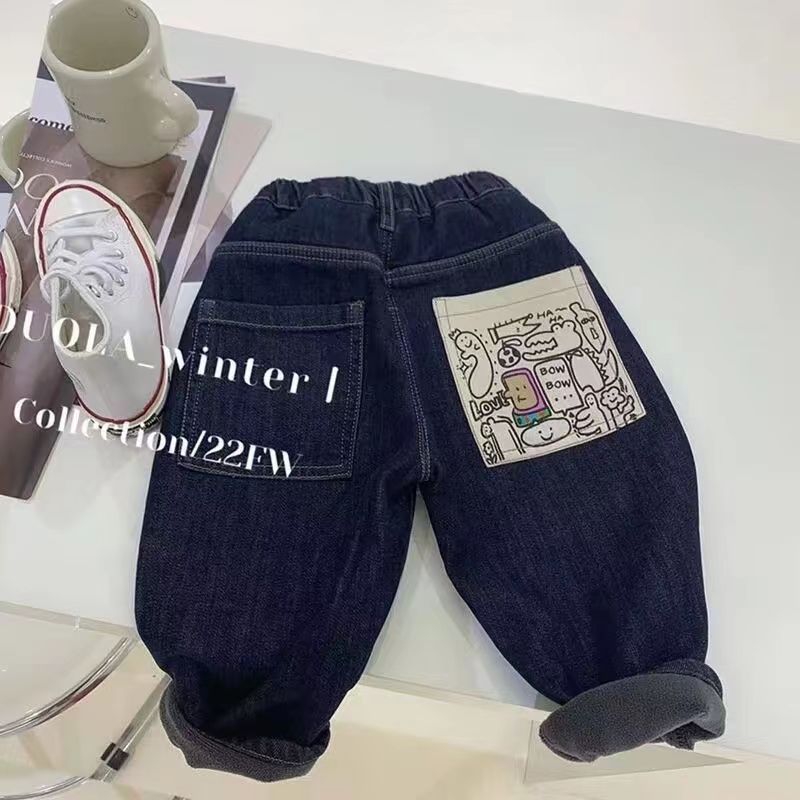 男童加绒加厚牛仔裤柔软2023新款韩国儿童女童宝宝一体绒休闲裤LZ