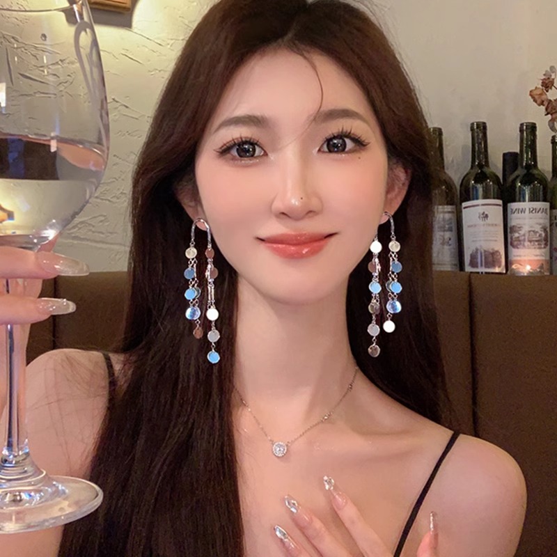 铜合金耳饰 亮片流苏长款耳环小众设计感轻奢独特耳钉女显瘦耳饰