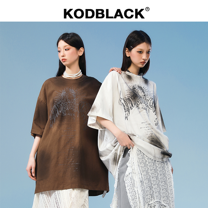 KODBLACK 美式复古脏染圣母印花短袖t恤男女款夏季宽松晕染体恤男