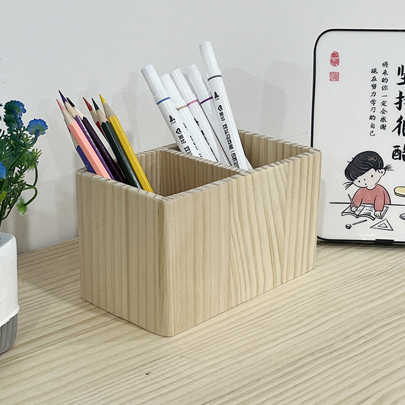 全实木笔筒学生桌面笔筒办公室创意多格笔筒原木色木质双格收纳盒