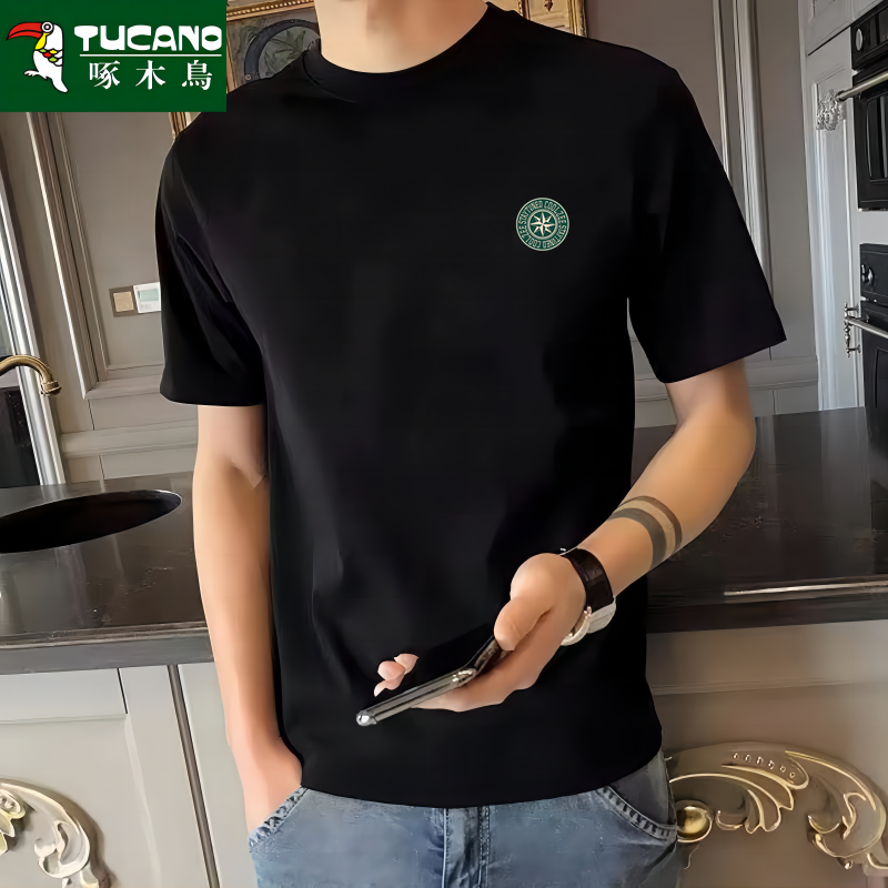 啄木鸟重磅短袖t恤男2024新款春季短袖上衣宽松体恤印花打底衫男