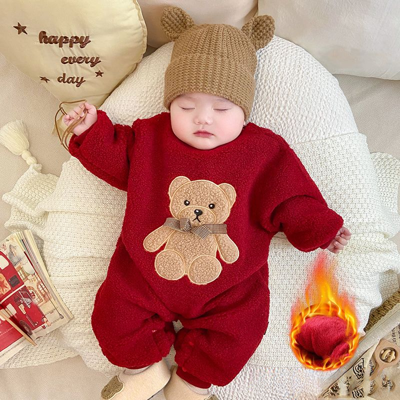 宝宝超萌外出哈衣冬款夹婴儿加绒连体衣红色加绒周岁衣服保暖