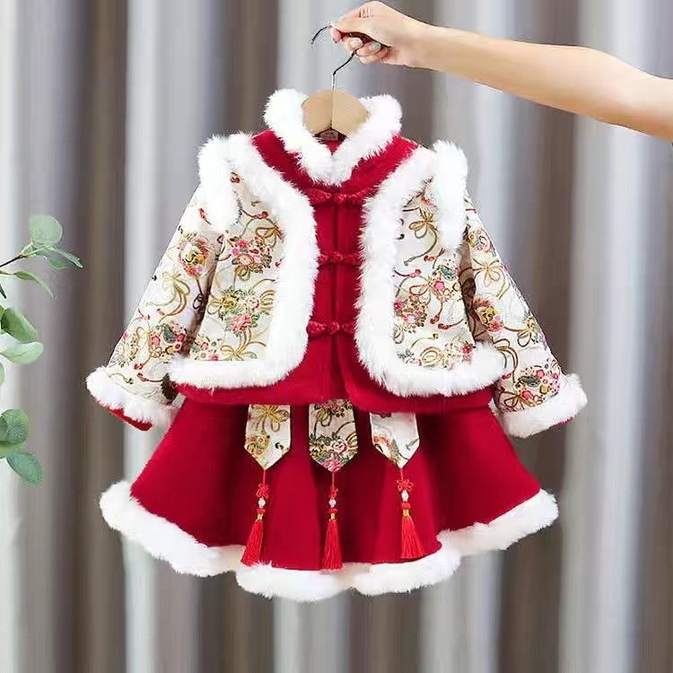 汉服女童拜年服冬装中国风加厚唐装新款儿童宝宝红色喜庆新年套装