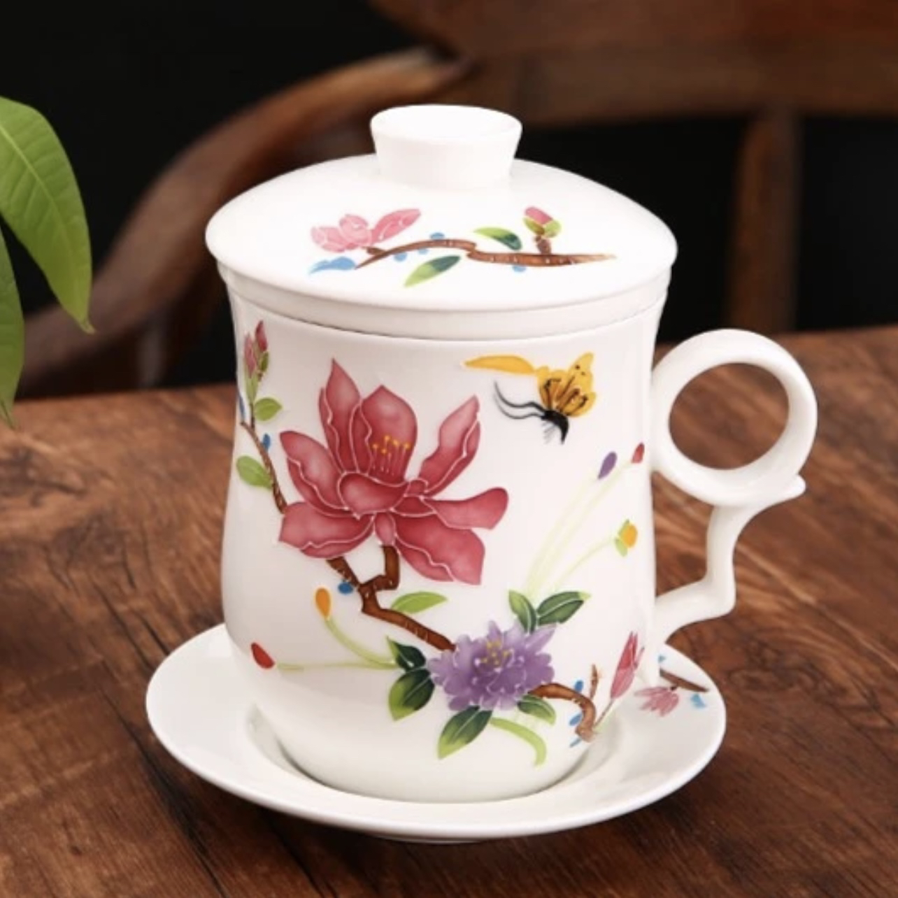 成艺 手彩花碟四件杯手绘陶瓷茶水分离杯大容量办公杯茶具