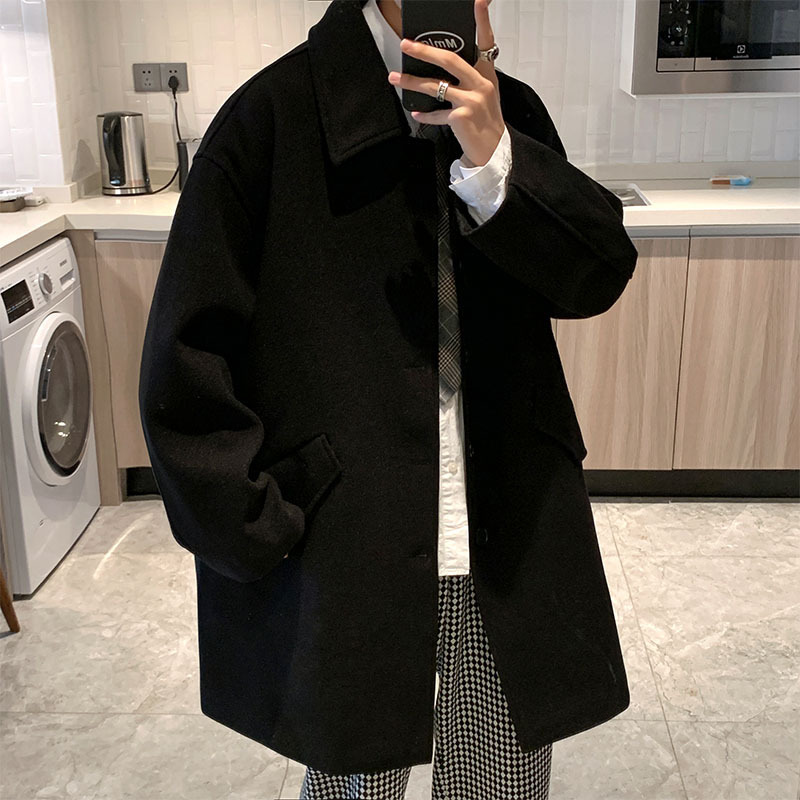 秋冬季中长款毛呢大衣男加厚宽松英伦风日系韩版潮流百搭风衣外套