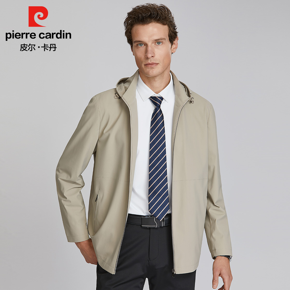 皮尔卡丹春季简约商务防风休闲浅色男士春季连帽外套PXJ21111