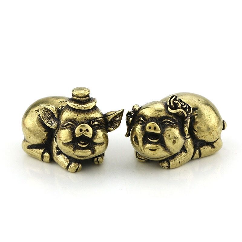 黄铜十二生肖铜猪摆件纯铜实心公母猪结婚一对猪摆件做旧工艺礼品