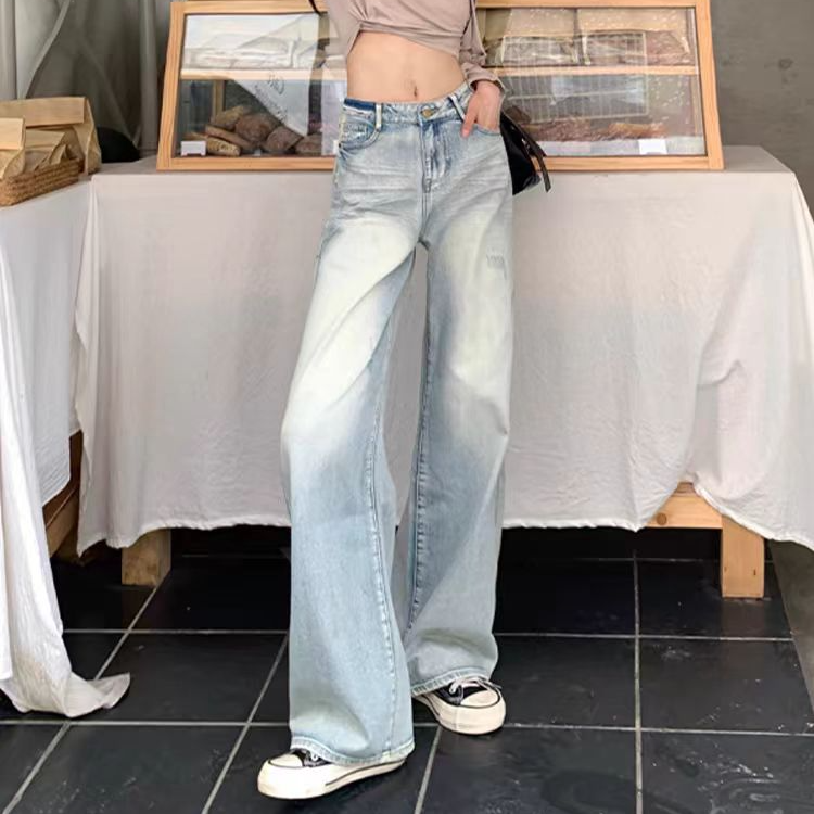 （1号）女装牛仔裤设计春夏季显瘦高腰直筒百搭复古宽松破洞拖地裤