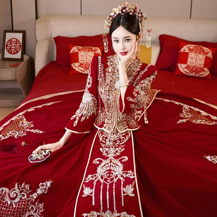 重工秀禾服新娘结婚奢华修身小个子145身高丝绒大码200斤嫁衣出阁
